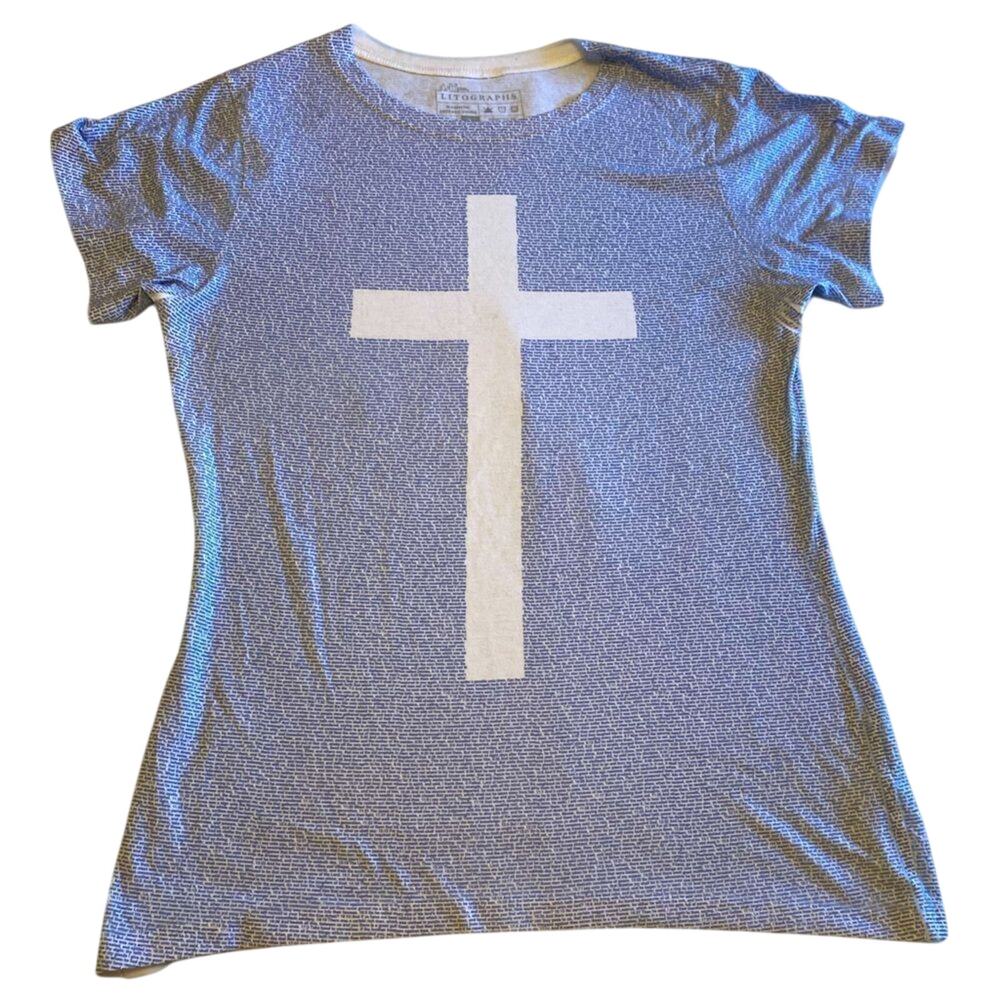 Lithograph Bible text scripture print Christian cross T shirt size large